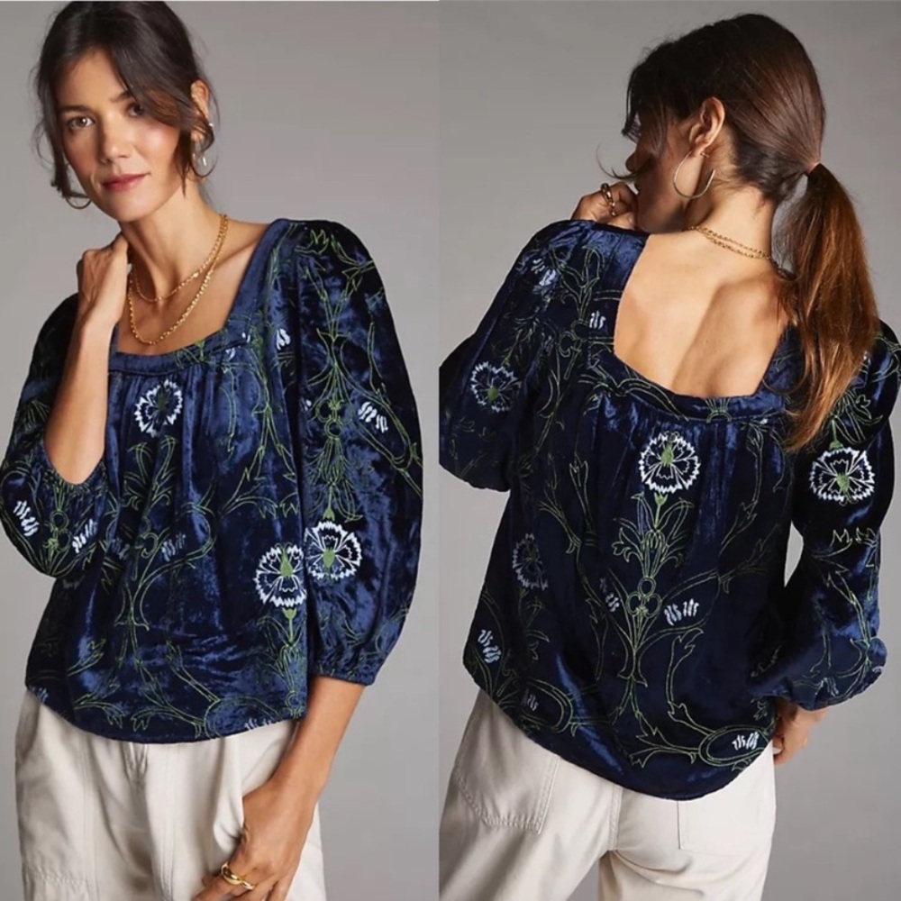 $160 NWOT ANTHROPOLOGIE Blue Lacy Velvet Puff Sleeve Blouse Embroidered | size S